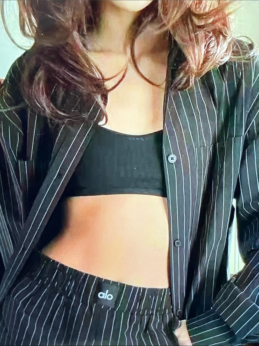 ALO Yoga Black Pinstripe Button Down Shirt Set Women’s Size M - Picture 3 of 9